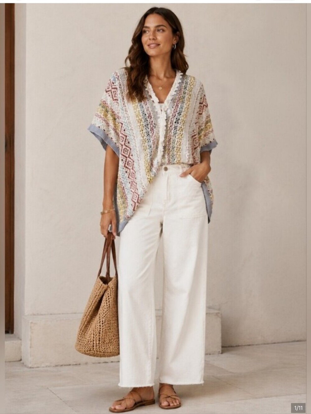 Cabi Siesta Fringe Tassel Cotton Knit Poncho Top Sweater